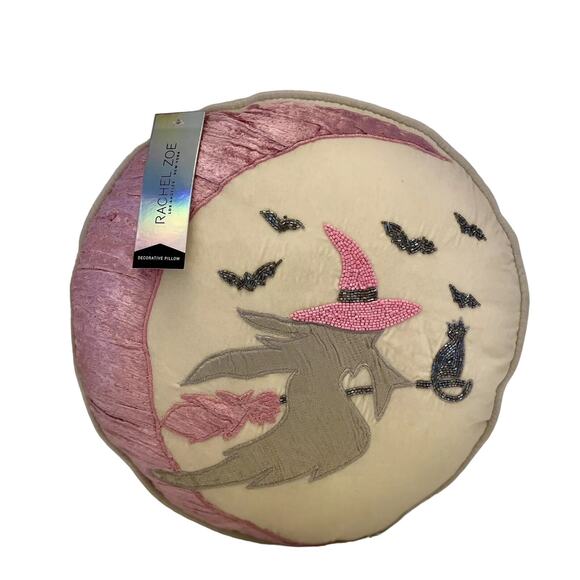 RACHEL ZOE Halloween Flying Witch Pink Moon Round Toss Beaded Pillow 16x6 New - Picture 3 of 10